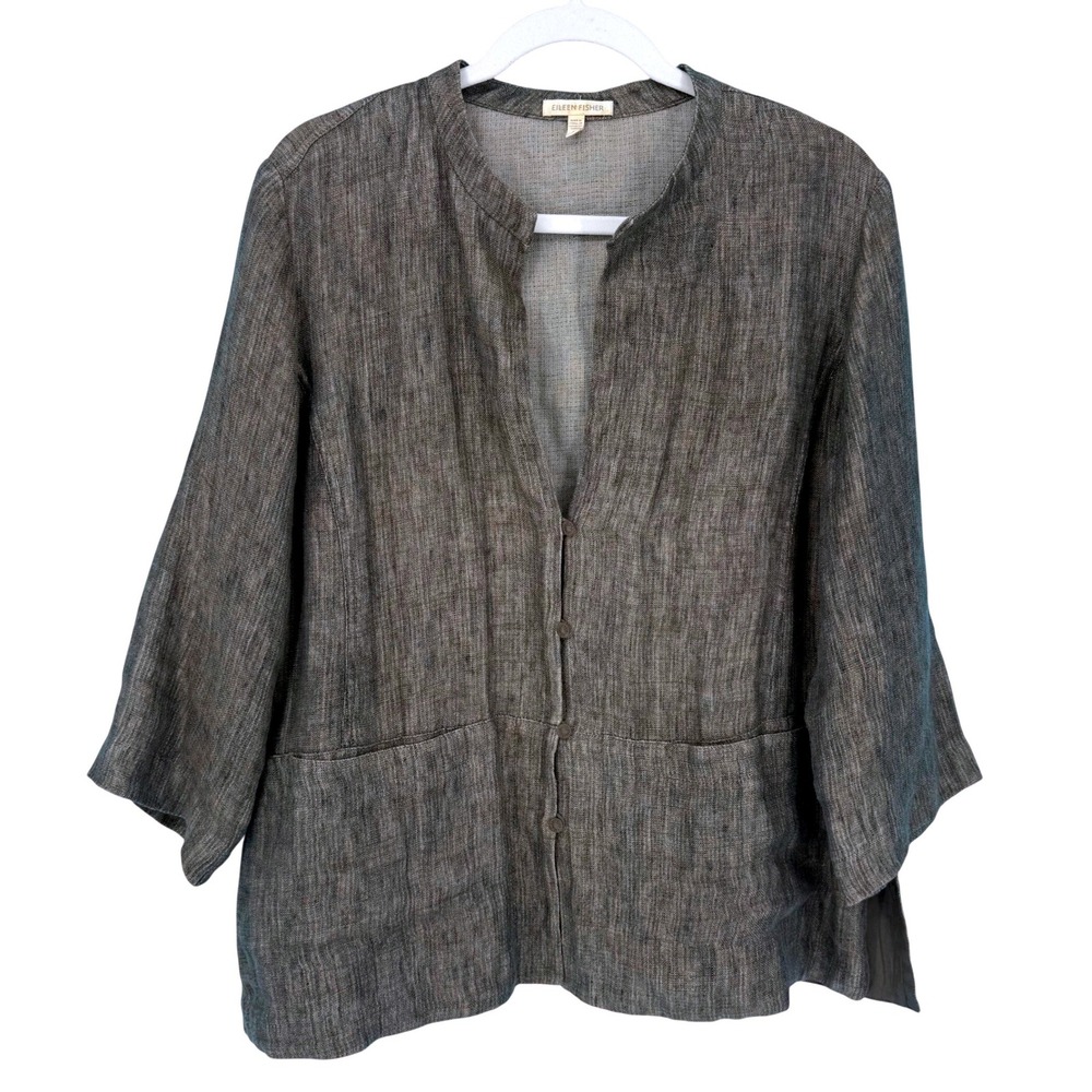 Eileen Fisher Womens Textured 100% Linen Button‎ Front Jacket Size L Minamalist